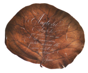 Calligraphy on leaf with prayer Angele Dei